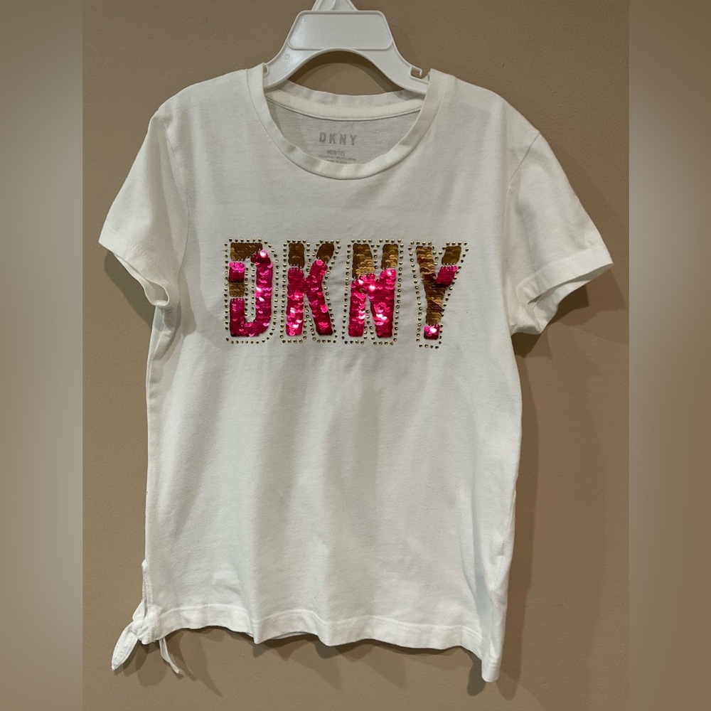🌼DKNY Girl’s White 60% Cotton/40% Polyester Sequins Adorned Shirt, M/8-10